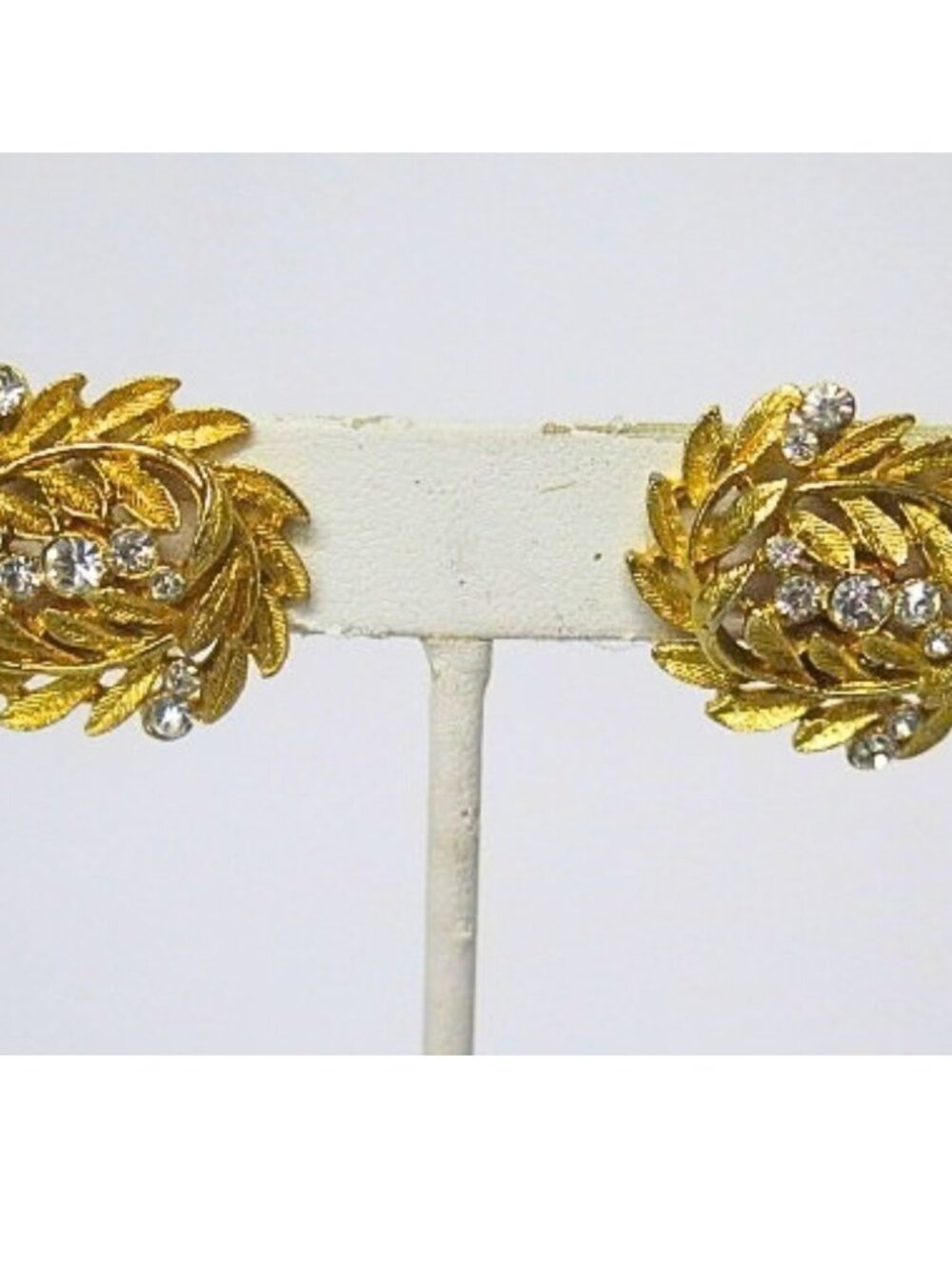 Gold Tone Leaf Wreath Clear Rhinestone Clip-On Earrings